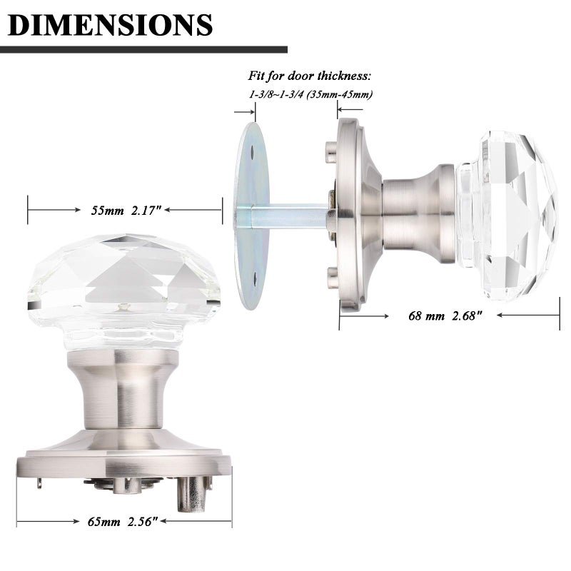 Orger Dummy Crystal Door Knobs with Diamond Shape in Satin Nickel Finish, Inactive Non-Turning Single Side Interior Dummy Handles for French Door/Cloakroom, 2 Pack - Image 3